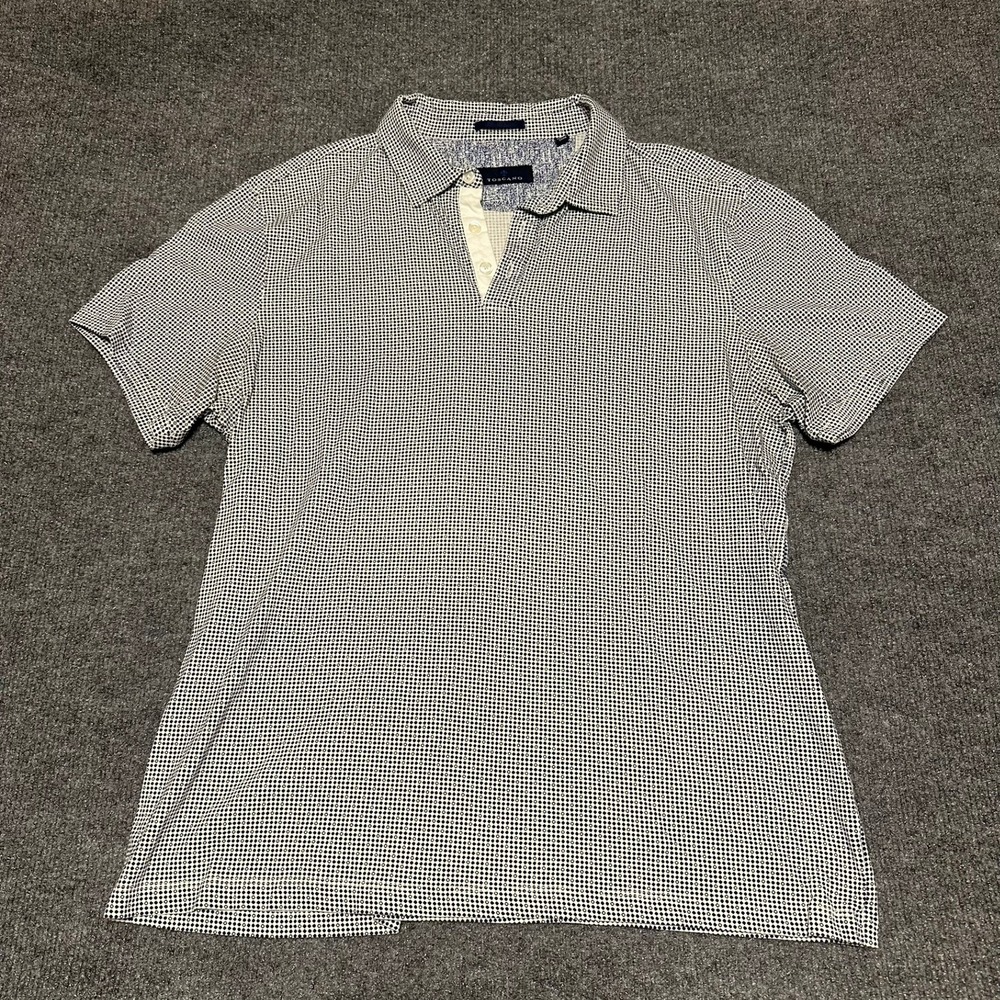 Toscano Mens Large Short Sleeve Polo Shirt Blue White Geometric Dot Print Cotton